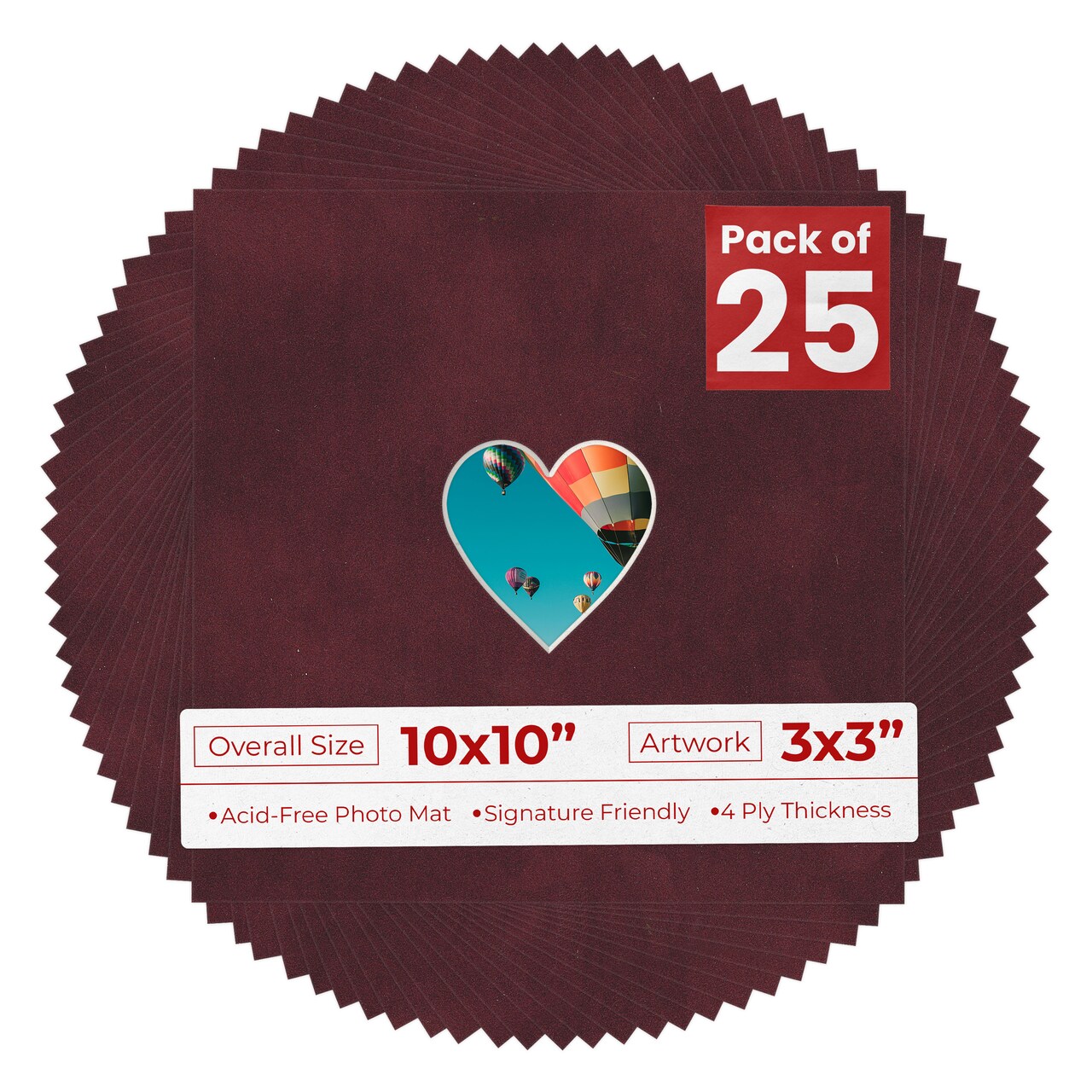 Dark Red Suede Mat Board for 10x10 Frames - Heart Opening for 3x3 Photos